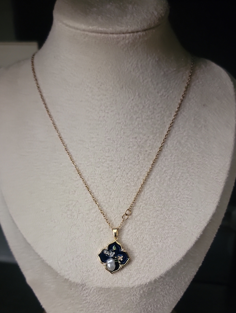 Gold-Tone Blue Enamel Pendant Necklace with Pearl Accent